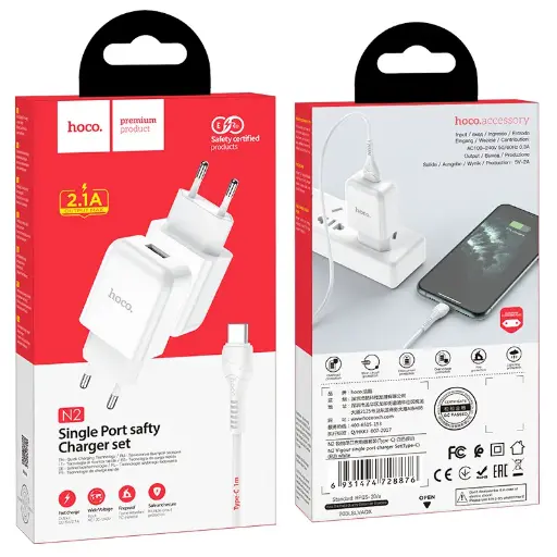 [6931474728876] Hoco Charger USB 2.1A + Cable Type-C White N2
