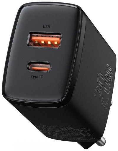 [6953156207233] Baseus Charger 2 Ports (USB+USB-C) 20W Compact Quick Black CCXJ-B01