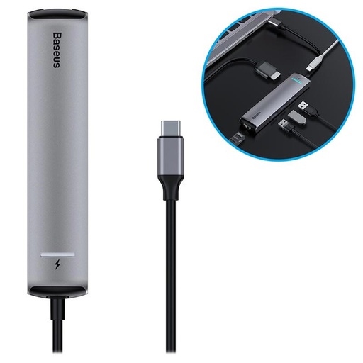 [6953156287365] Baseus Hub Type-C 6 in 1 con 3 USB 3.0, 1 HDMI, 1 RJ45, 1 PD grey CAHUB-J0G