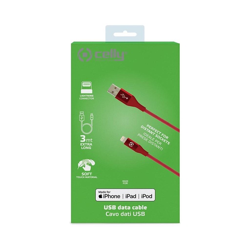 [8021735747468] Cavo dati Lightning Celly (M.F.I) USBLIGHTCOL3MRD 3mt red