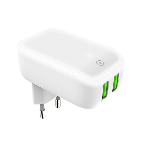 [8021735756538] Celly Charger 2 Ports (2 USB) 12W With Night Light White TC2USBLEDWH