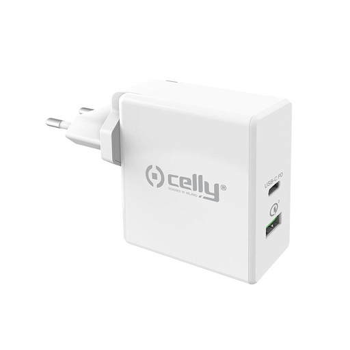 [8021735744856] Caricabatterie USB-C + USB Celly TCUSBC30WWH 30W wall Caricabatterie